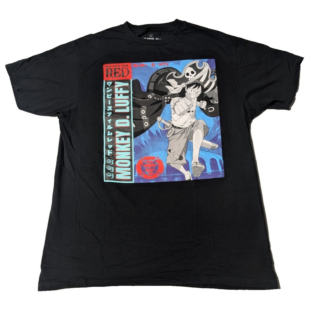One Piece Film RED MONKEY D. LUFFY Men Large Black Ripple Junction T-Shirt